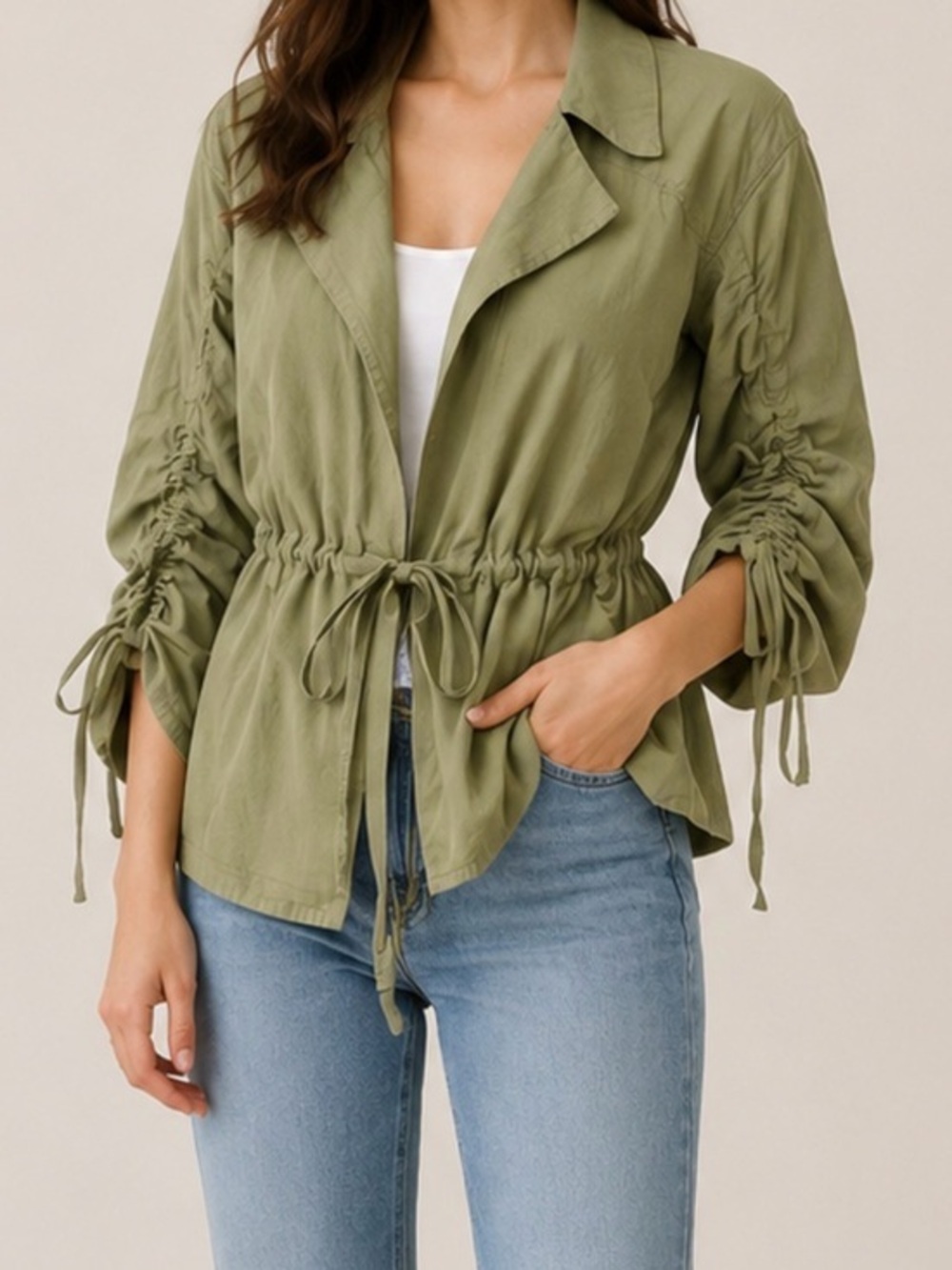 Cinq à Sept Emeline Olive Green Ruched Sleeve Utility Jacket